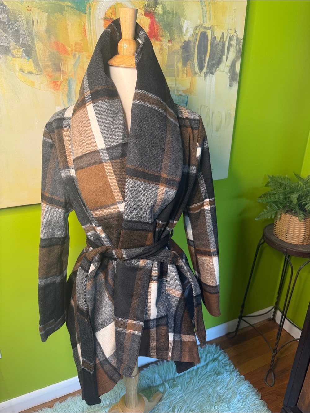 Chicwish Plaid Shawl-Collar Wrap Coatigan in Brown, Gray & Black